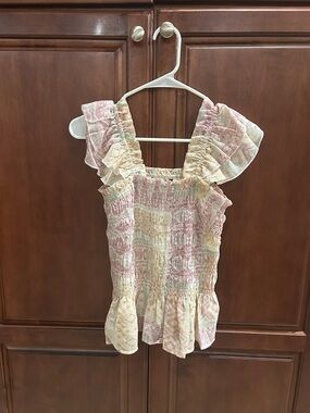 Smocked Ruffle Sleeve Peplum Blouse - Pink Multi